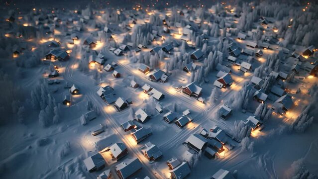 Winter city at night with houses and snowflakes. 3d rendering, Aerial photography of a beautiful snow covered village in winter evening, AI Generated