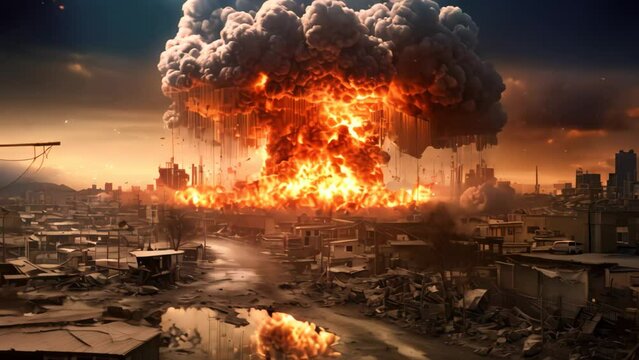 Image of explosion in city against dark background. Disaster and danger concept, accident and nuclear explosion of bomb in power plants for buildings, AI Generated