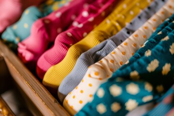 closeup of sock drawer with a mix of polka dot and solid colors - obrazy, fototapety, plakaty