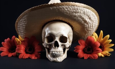 Human skull with sombrero hat and red flowers