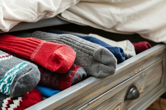 winter socks with thermal insulation stacked in a cozy bedroom drawer