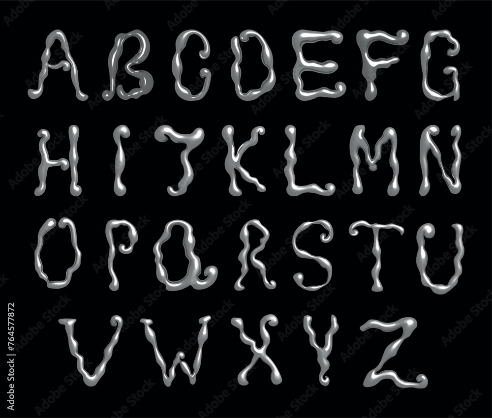 Poster alphabet in y2k style with chrome effect. vector isolated 3d realistic letters on black background