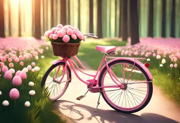 Gordijnen pink bicycle with flowers © Iqra