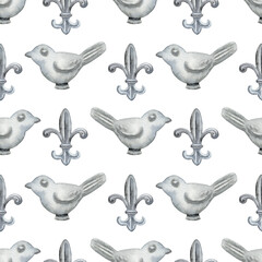 Fototapeta premium Seamless pattern of watercolor stone bird figurine, metal figured element. Hand drawn illustration. Painted elements on white background. Cozy decor for home and garden. For print decoration, fabric