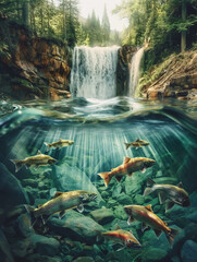 Scenic waterfall in the northern forest with fishes under  water