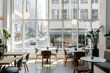 A modern cafe with sleek decor, minimalist furniture, and large windows offering views of the...