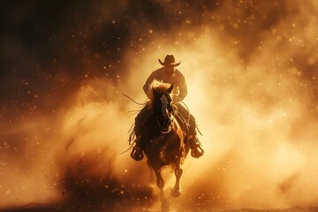 Cowboy riding a bucking bronco in a rodeo arena, stirring up dust. Concept Rodeo Events, Action Shots, Dusty Arena, Cowboy Lifestyle, Western Sports - obrazy, fototapety, plakaty