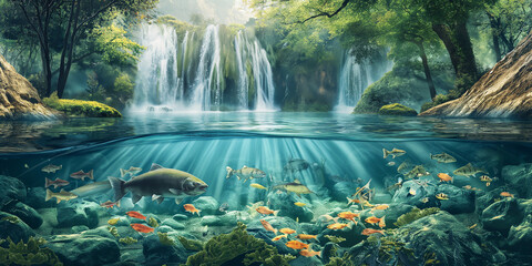 waterfall in the jungle with various fishes under water - obrazy, fototapety, plakaty
