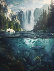 waterfall in the mountains with fishes under water and polar bear fishing above