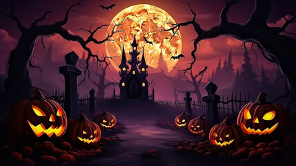 Fototapeta premium Pumpkins In Graveyard In The Spooky Night - Halloween Backdrop. Generative ai illustration.