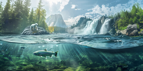 River with waterfall in northern, fishes under clear water and  mountain with polar bear above 