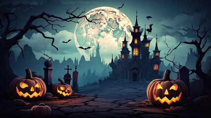Fototapeta premium Pumpkins In Graveyard In The Spooky Night - Halloween Backdrop. Generative ai illustration.
