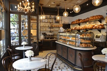 A Parisian-style cafe with wrought iron chairs, marble tabletops, and croissants displayed in...