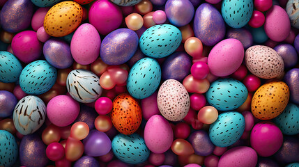 Colorful Easter eggs decorated with flowers in the grass on blue sky background. Bunny easter. Generative ai illustration. - obrazy, fototapety, plakaty