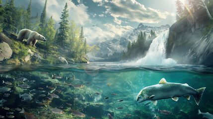 River with waterfall in northern, fishes under clear water and polar bear with mountain above 