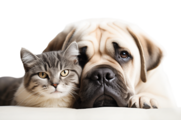 A cat and a dog lie together isolated on transparent background.