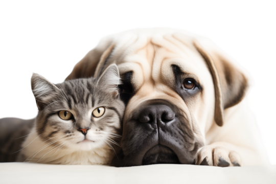 A cat and a dog lie together isolated on transparent background.