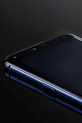 A smartphone with a thin navy body on a black background. 