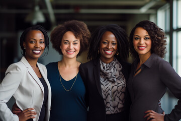 Smiling black businesswomen in suit. Group of women. Women in work clothes. Rich women. Business boss. Boss of a start-up. Afro american women. American women. African women. Africa country. AI.