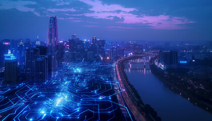 A cityscape with a river running through it. The city is lit up with bright lightsUrban Futurism: Digital Skyline Symbolizing Connectivity and Innovation, Embracing Modernity in Business Technology