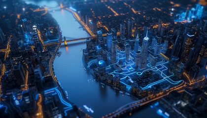 A cityscape with a river running through it. The city is lit up with bright lightsUrban Futurism:...