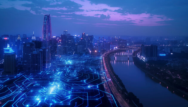 A cityscape with a river running through it. The city is lit up with bright lightsUrban Futurism: Digital Skyline Symbolizing Connectivity and Innovation, Embracing Modernity in Business Technology