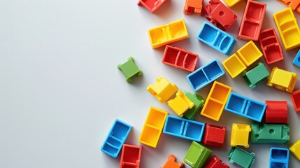 Colorful plastic blocks toy on white background. - obrazy, fototapety, plakaty