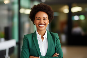 Smiling black businesswomen in suit. Women in work clothes. Rich women. Business boss. Boss of a start-up. Afro american women. American women. African women. Africa country. AI.

