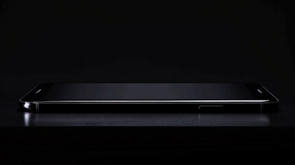 A smartphone with a thin black body on a black background. Close-up,16:9