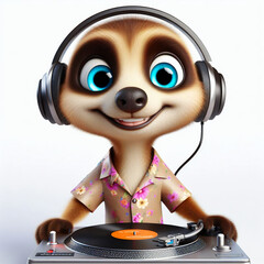 3d dj playing music, cute meerkat cartoon character