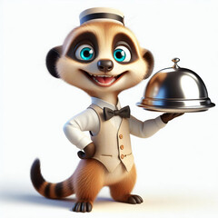 3d meerkat character in service client costume in restaurant of hotel- waiter with tray and cloche in restaurant