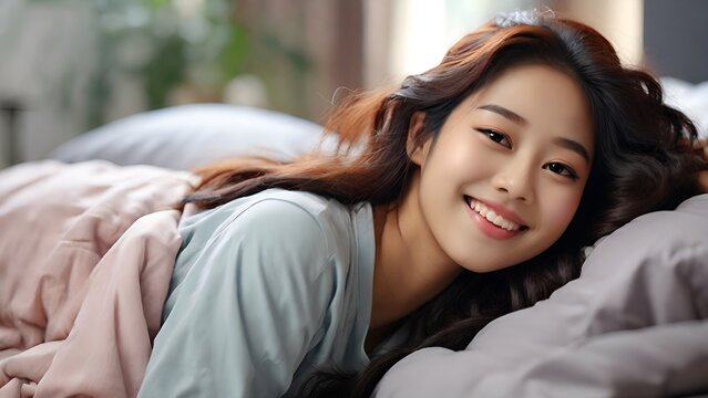 Close up of blissful asian girl lying in bed on her cushion, grinning and turning over as feeling vivacious in morning, getting up ahead of schedule. morning, getting up ahead of schedule