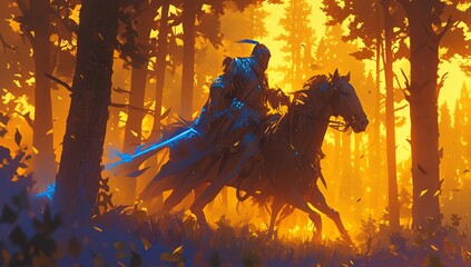 A knight on horseback with a glowing blue spear rides through the forest.  - obrazy, fototapety, plakaty