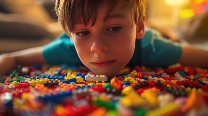 A child playing with colorful Lego. - obrazy, fototapety, plakaty