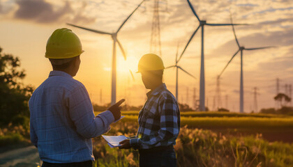 Two men are standing in a wind turbine field discussion, one pointing at something on a piece of paper. Scene is serious and focused, as the men are discussing important information - obrazy, fototapety, plakaty