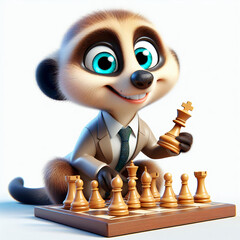 3d meerkat cartoon playing chess isolated on white background