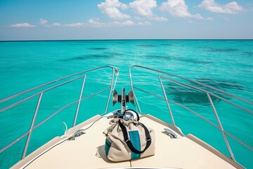 beach bag on bow of yacht with clear blue water in the background