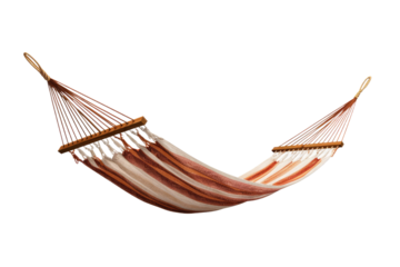 Serenity in Stripes: A Red and White Striped Hammock Swinging From a Wooden Pole. On White or PNG Transparent Background..