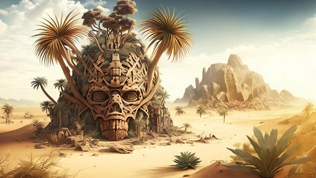 In 10,000 BC, the tropical desert landscape was tough for life to survive, and only species that adapted well could live. Game context. AI-generated