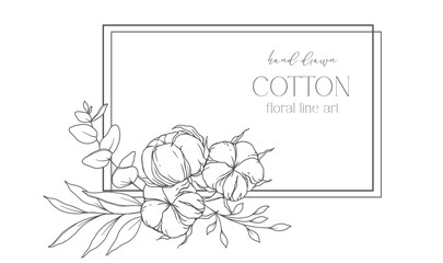 Hand Drawn Cotton Flowers Line Art Illustration. Cotton Balls isolated on white. Hand drawn floral frame Cotton Plant Black and white illustration. Fine Line Cotton illustration. 