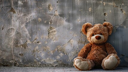 A teddy bear leans against the wall.