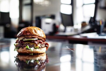 closeup of a gourmet burger on a glossy office desk - obrazy, fototapety, plakaty