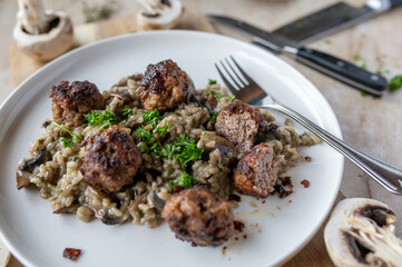 Risotto with mushrooms and swedish meatballs or köttbullar on a plate