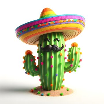 Cinco de mayo cactus 3d character with hat illustration design isolated on white background