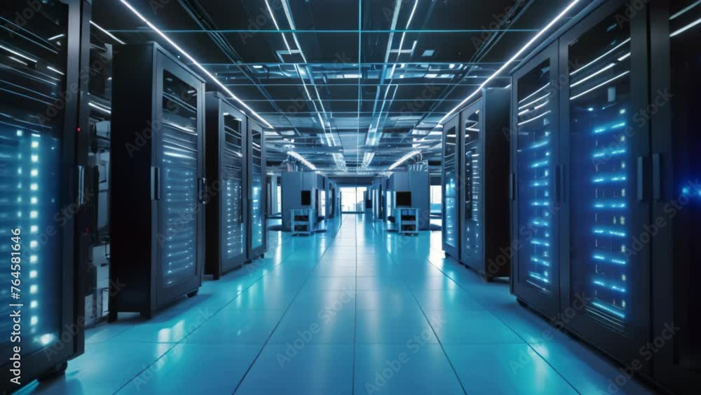 Poster a visual of multiple rows of servers illuminated by blue lights in a data center, data center server