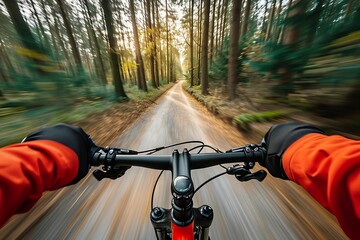 Riding fast on bicycle, POV, Original point of view, Cycling on rural and forest roads.