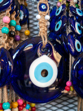 evil eye bead in turkish culture, big evil eye bead close up in gift shop,