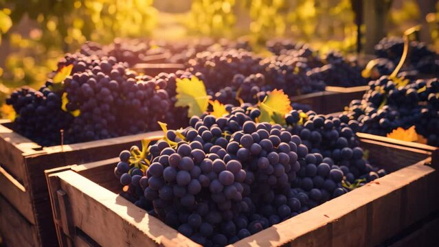A bountiful collection of grapes, freshly harvested and neatly stored in crates, ready to be sold, crates of black grapes on vineyard harvest, AI Generated
