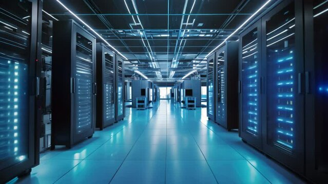 A visual of multiple rows of servers illuminated by blue lights in a data center, Data center server room, AI Generated