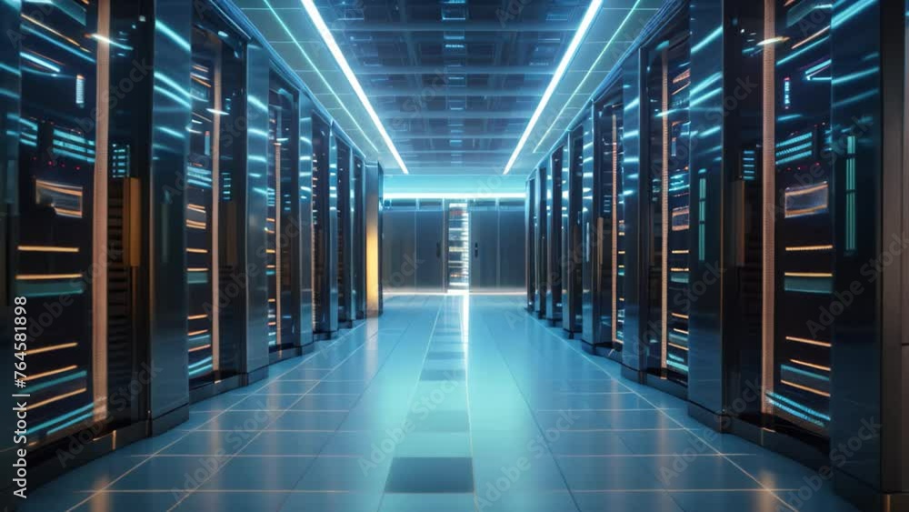 Poster a long hallway in a data center is filled with rows of servers, creating an efficient environment fo